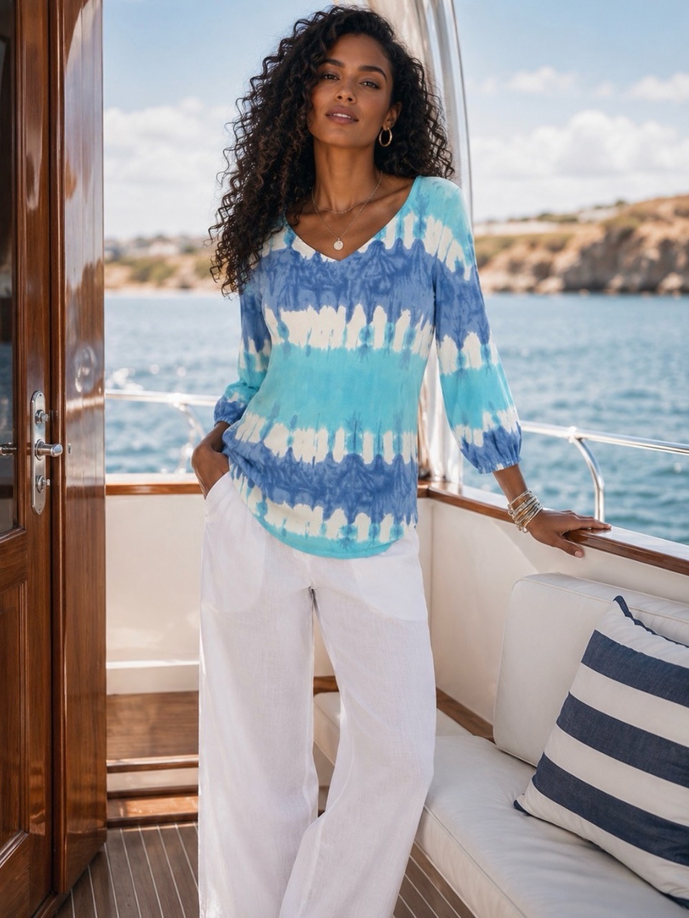 Venini Aqua and Blue Tie-Dye Scoop Neck Top